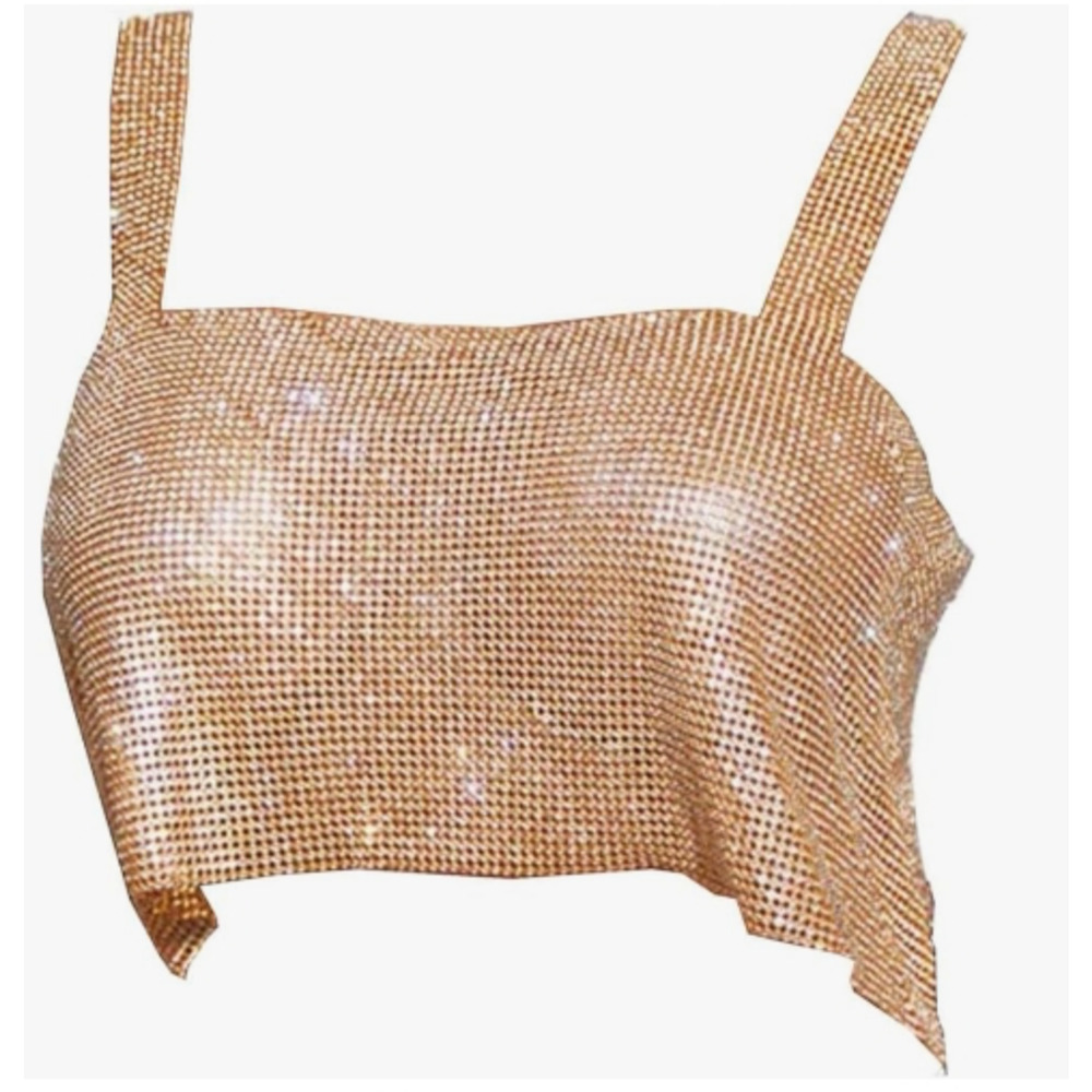 Yokawe Gold Metal Rhinestone Crystal Crop Top Sparkly Party Rave Club Wear Y2K